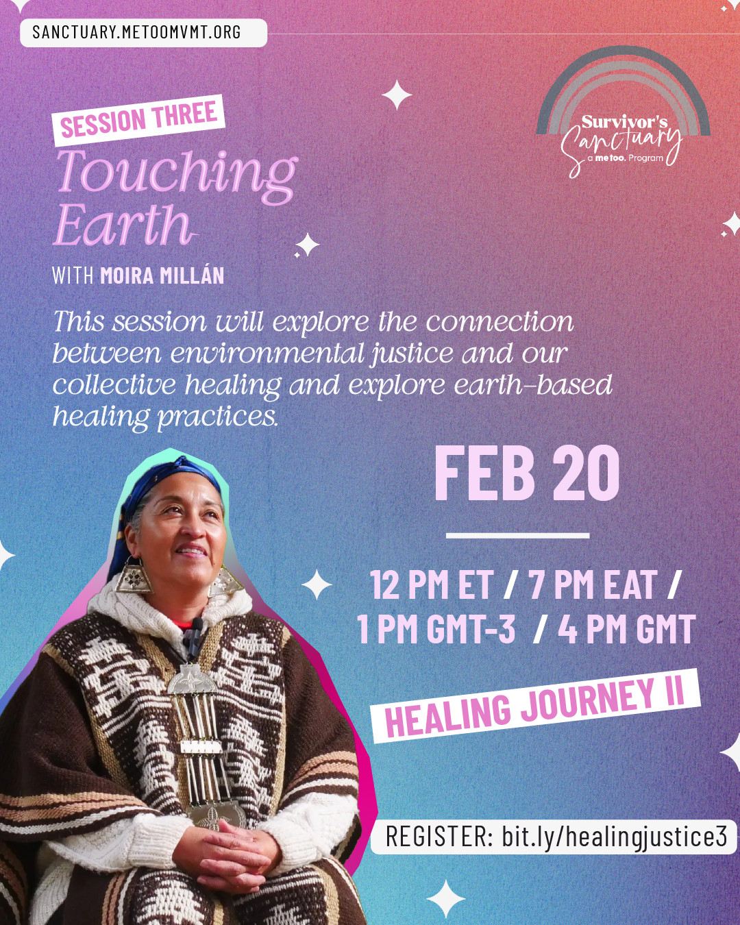 A brown skin woman seated wearing a blue head covering and a woven overcoat with large silver earrings.